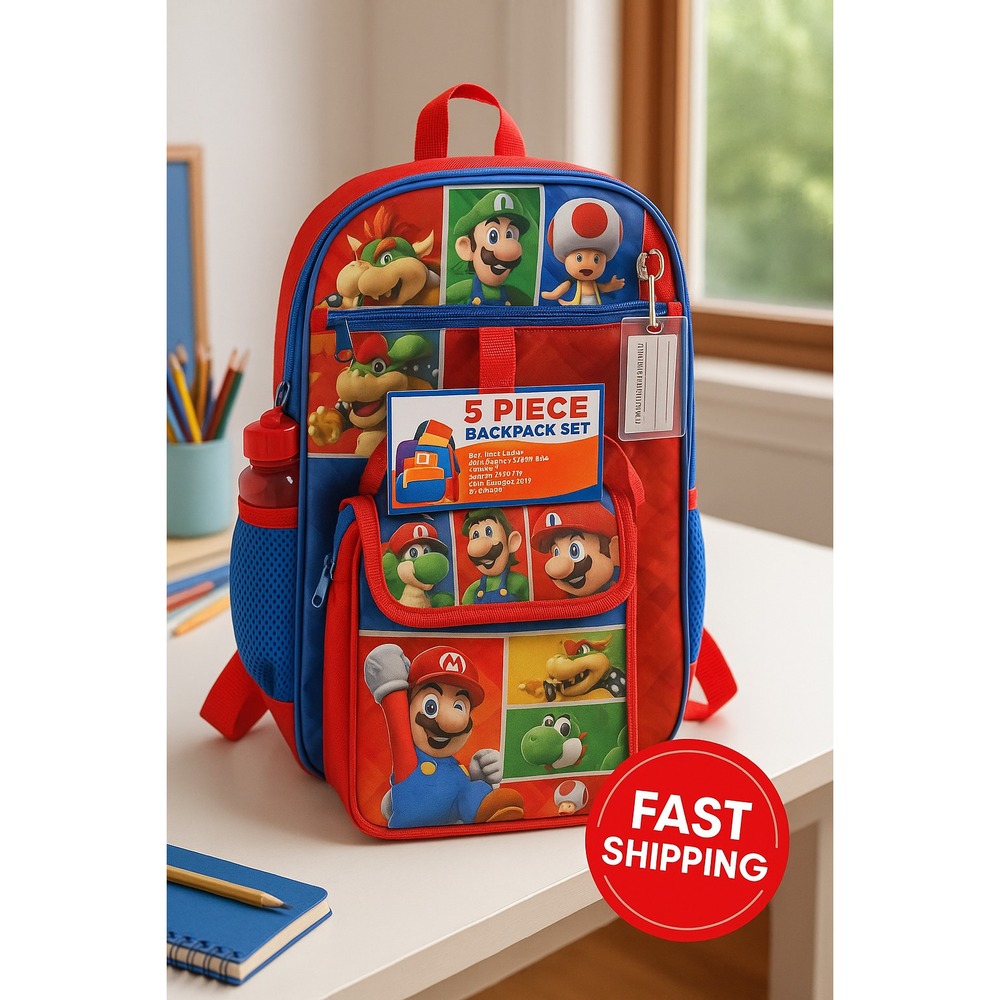Nintendo Super Mario 5-Piece Backpack Set w/ Lunch Bag,‎ Bottle & ID Tag